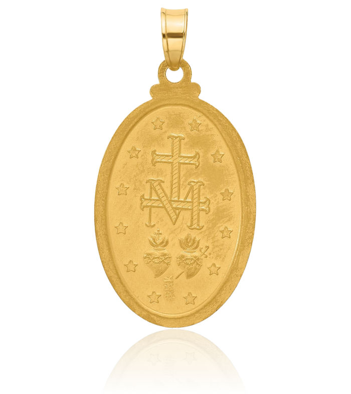 14K Solid Yellow Gold Our Lady of Miraculous Medal Blessed Virgin Mary Oval Necklace Chain Pendant Charm