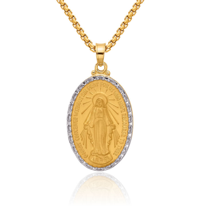 14K Solid Yellow Gold Our Lady of Miraculous Medal Blessed Virgin Mary Oval Necklace Chain Pendant Charm