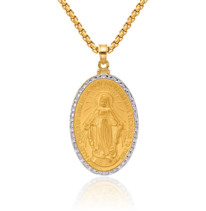14K Solid Yellow Gold Our Lady of Miraculous Medal Blessed Virgin Mary Oval Necklace Chain Pendant Charm