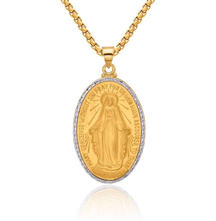 14K Solid Yellow Gold Our Lady of Miraculous Medal Blessed Virgin Mary Oval Necklace Chain Pendant Charm