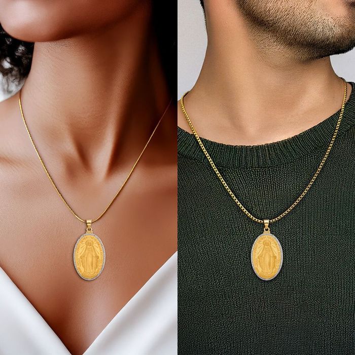 14K Solid Yellow Gold Our Lady of Miraculous Medal Blessed Virgin Mary Oval Necklace Chain Pendant Charm