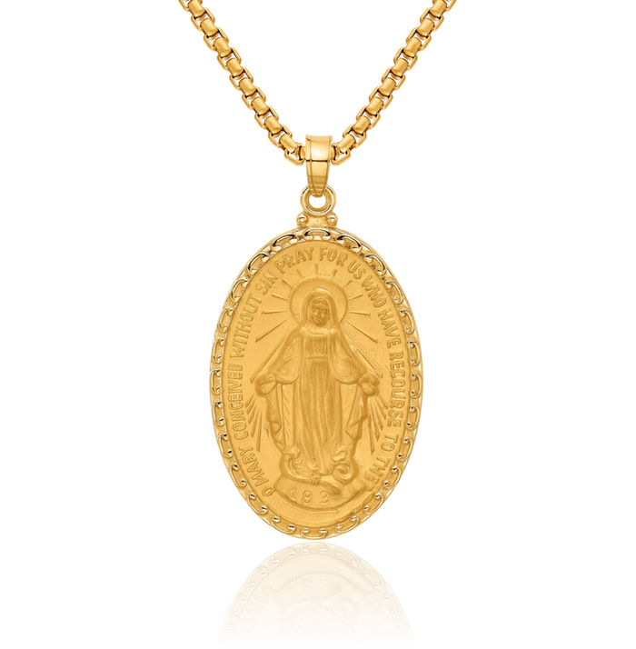 14K Solid Yellow Gold Our Lady of Miraculous Medal Blessed Virgin Mary Oval Necklace Chain Pendant Charm
