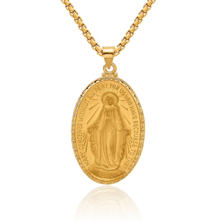 14K Solid Yellow Gold Our Lady of Miraculous Medal Blessed Virgin Mary Oval Necklace Chain Pendant Charm