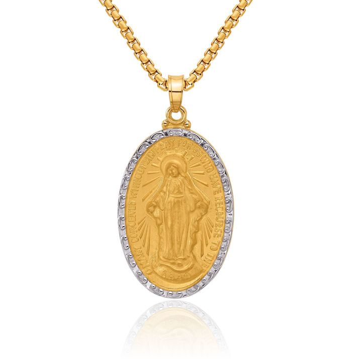 14K Solid Yellow Gold Our Lady of Miraculous Medal Blessed Virgin Mary Oval Necklace Chain Pendant Charm