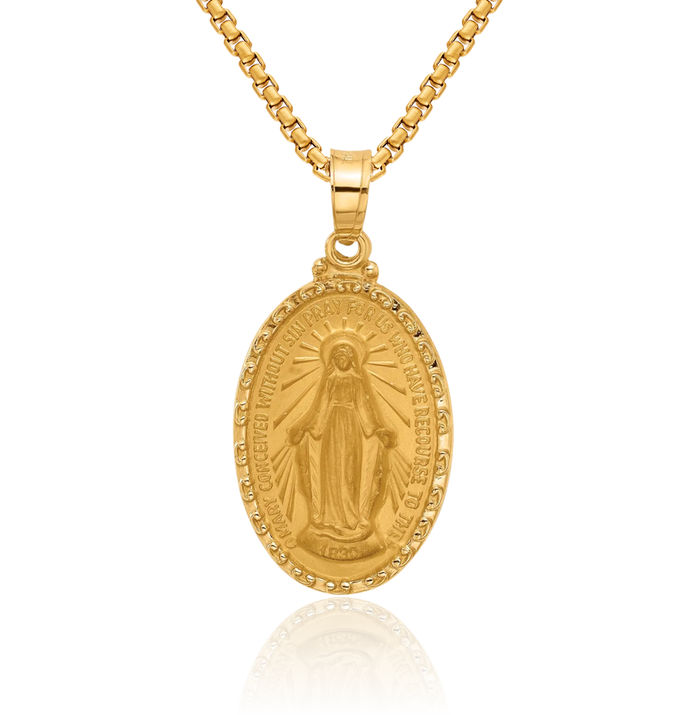 14K Solid Yellow Gold Our Lady of Miraculous Medal Blessed Virgin Mary Oval Necklace Chain Pendant Charm