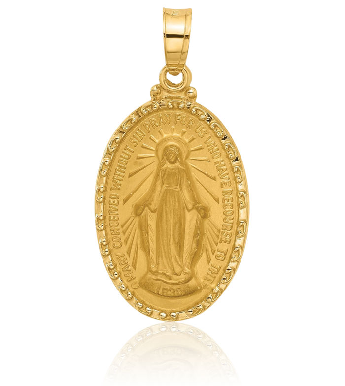 14K Solid Yellow Gold Our Lady of Miraculous Medal Blessed Virgin Mary Oval Necklace Chain Pendant Charm