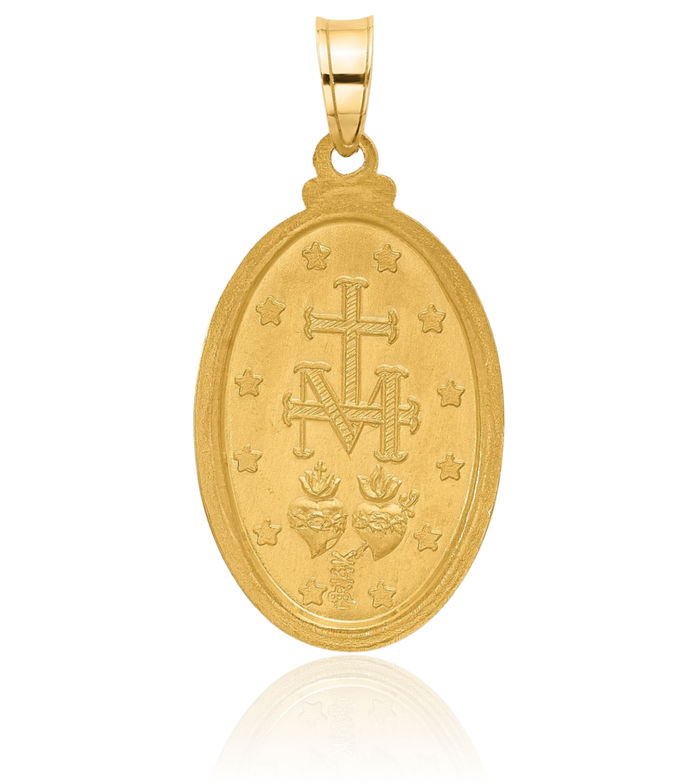 14K Solid Yellow Gold Our Lady of Miraculous Medal Blessed Virgin Mary Oval Necklace Chain Pendant Charm