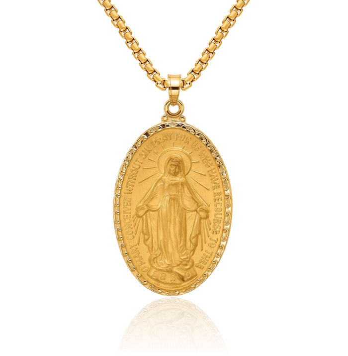 14K Solid Yellow Gold Our Lady of Miraculous Medal Blessed Virgin Mary Oval Necklace Chain Pendant Charm