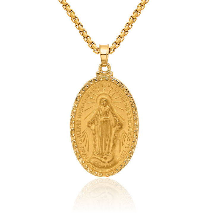14K Solid Yellow Gold Our Lady of Miraculous Medal Blessed Virgin Mary Oval Necklace Chain Pendant Charm
