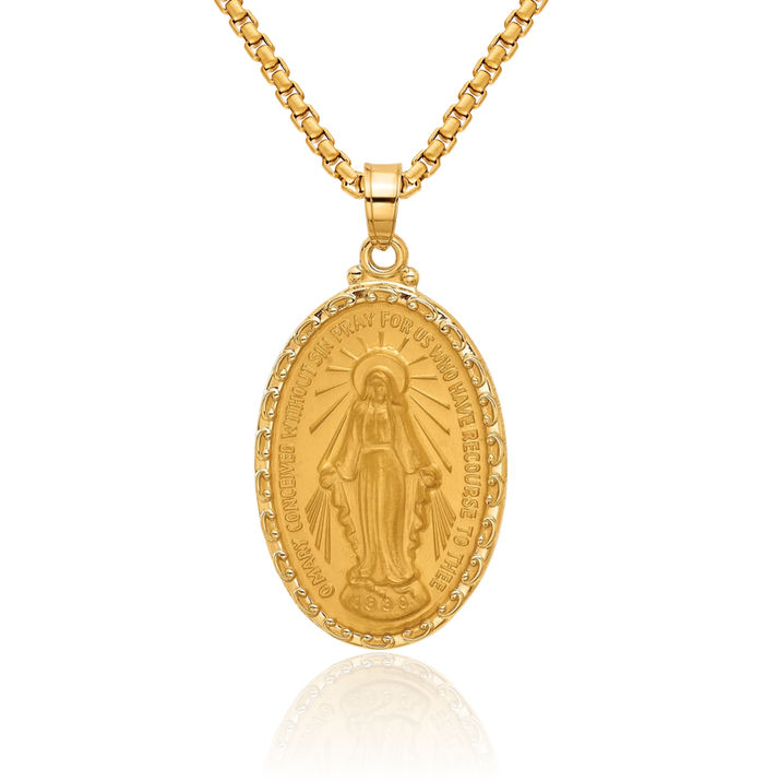 14K Solid Yellow Gold Our Lady of Miraculous Medal Blessed Virgin Mary Oval Necklace Chain Pendant Charm