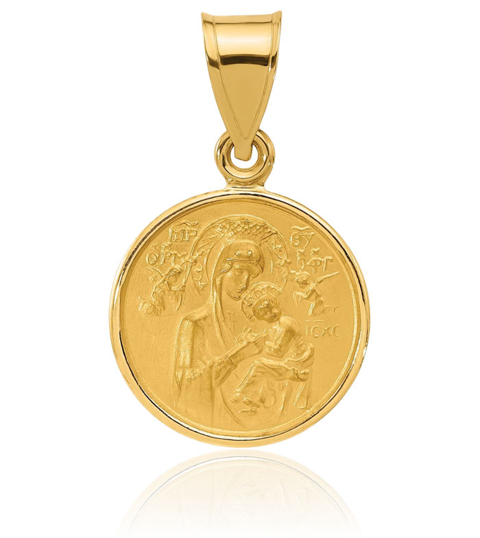 14K Solid Yellow Gold Our Lady of Perpetual Help Medal Necklace Chain Pendant Charm