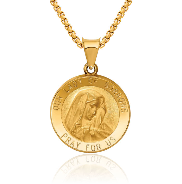 14K Solid Yellow Gold Our Lady of Sorrows Medal Necklace Chain Pendant Charm