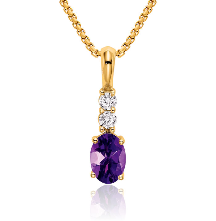 14K Solid Yellow Gold Oval Purple Amethyst Diamond Necklace Gemstone Pendant Charm February Birthstone Jewelry