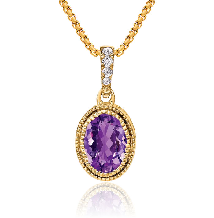 14K Solid Yellow Gold Oval Purple Amethyst Diamond Necklace Charm Gemstone Pendant