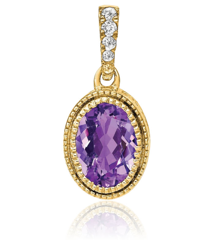 14K Solid Yellow Gold Oval Purple Amethyst Diamond Necklace Charm Gemstone Pendant