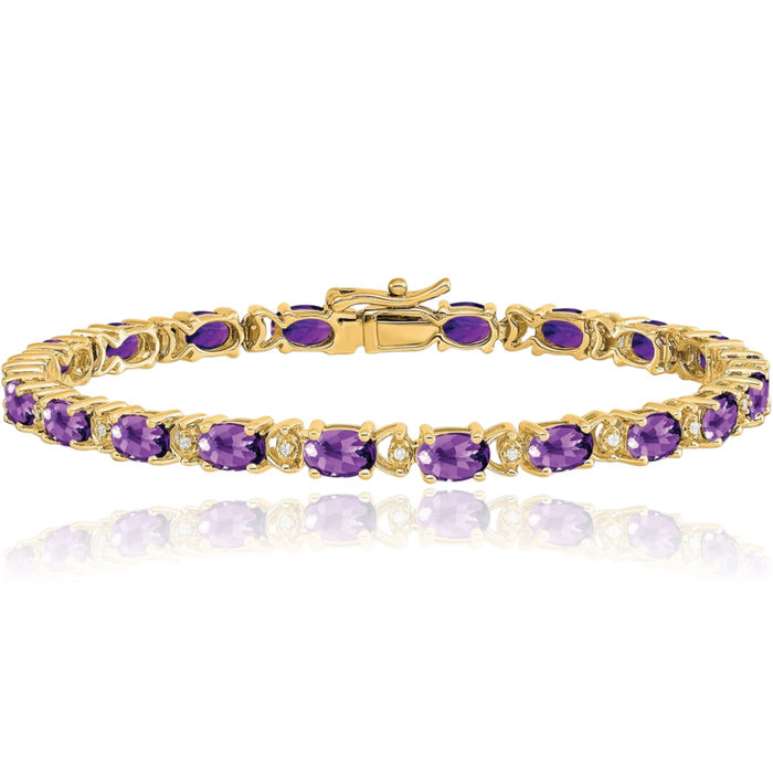 14K Solid Yellow Gold Oval Purple Amethyst Diamond Chain Gemstone Tennis Bracelet