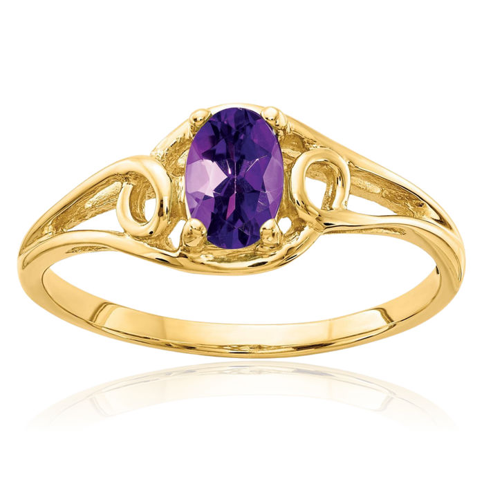 14K Solid Yellow Gold Oval Purple Amethyst Ring Gemstone Band February Birthstone Jewelry