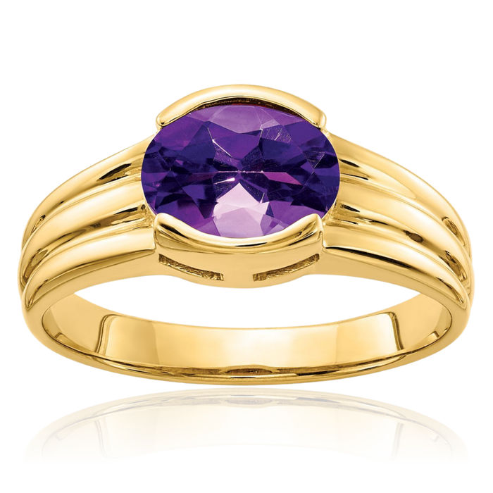 14K Solid Yellow Gold Oval Purple Amethyst Ring Gemstone Band February Birthstone Jewelry