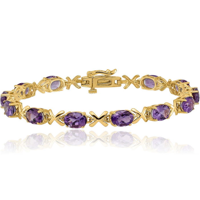 14K Solid Yellow Gold Oval Purple Amethyst Chain Gemstone Tennis Bracelet