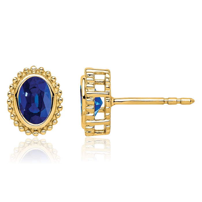 14K Solid Yellow Gold Oval Blue Sapphire Stud Earrings September Birthstone Jewelry