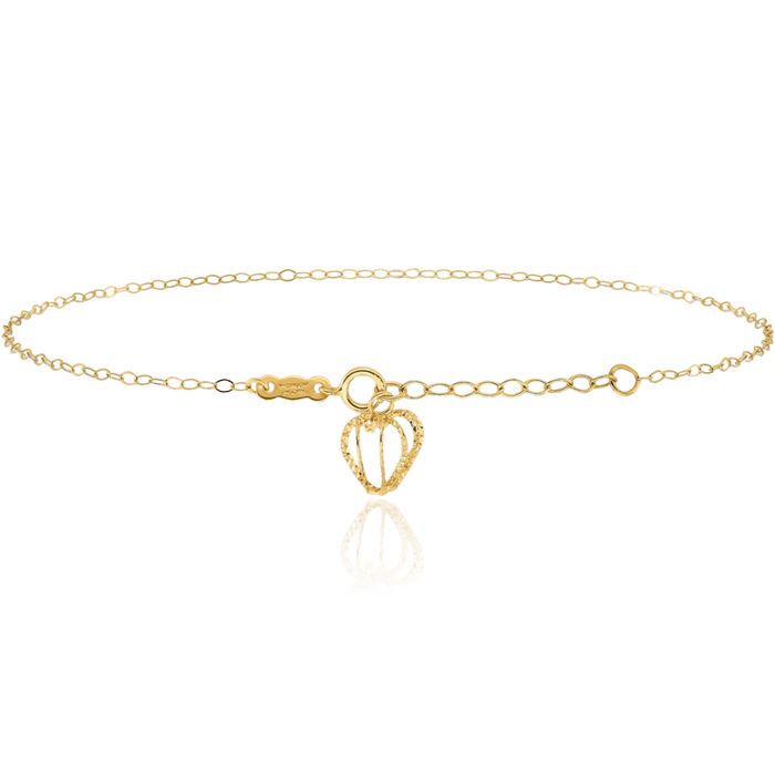 14K Solid Yellow Gold Oval Cable Rolo Link Chain Heart Cage Anklet Summer Beach Foot Ankle Bracelet