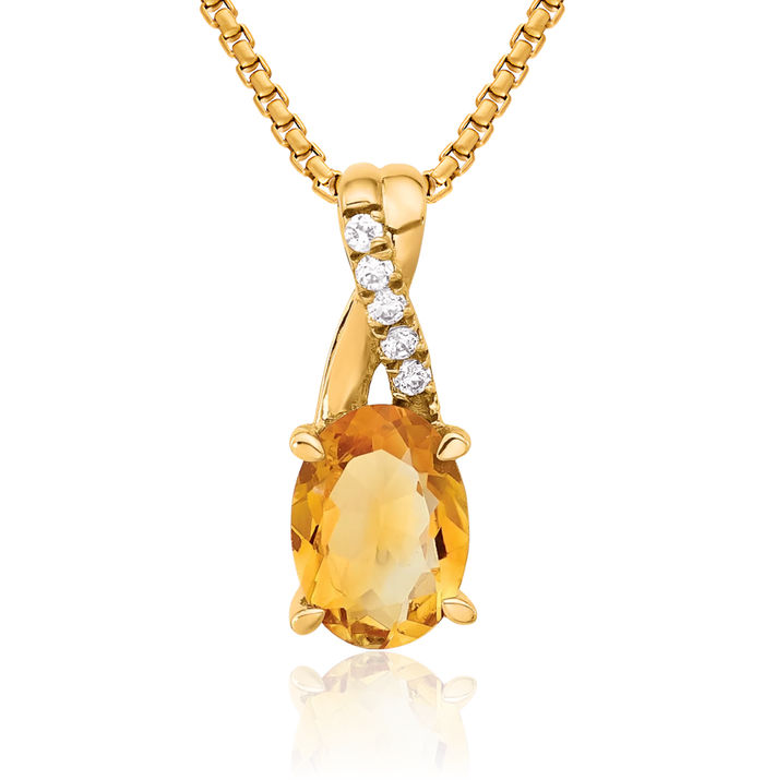 14K Solid Yellow Gold Oval Orange Citrine Diamond Necklace Gemstone Pendant Charm April November Birthstone Jewelry