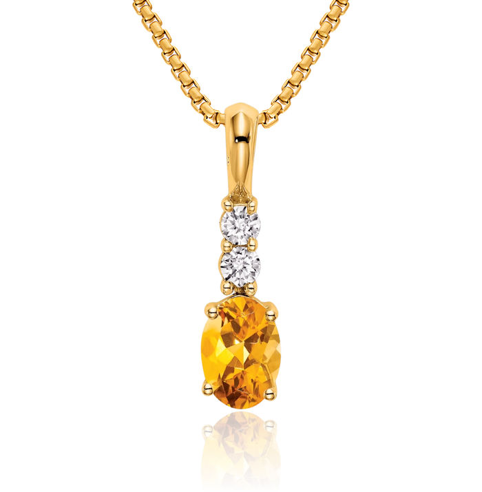 14K Solid Yellow Gold Oval Orange Citrine Diamond Necklace Gemstone Pendant Charm April November Birthstone Jewelry