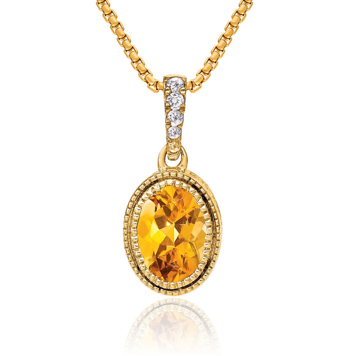 14K Solid Yellow Gold Oval Orange Citrine Diamond Necklace Charm Gemstone Pendant