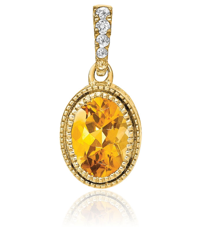 14K Solid Yellow Gold Oval Orange Citrine Diamond Necklace Charm Gemstone Pendant