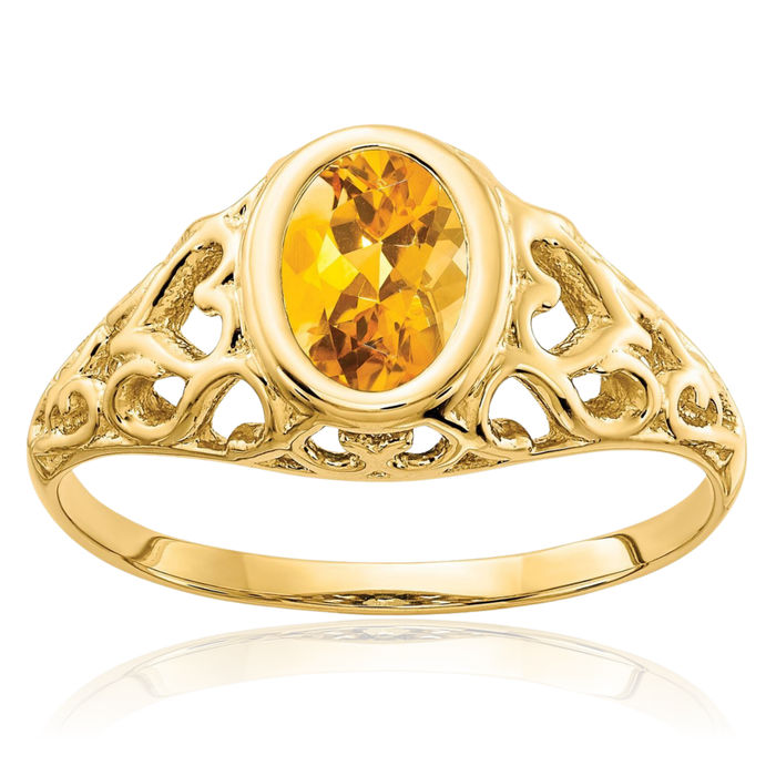 14K Solid Yellow Gold Oval Orange Citrine Ring Gemstone Band November Birthstone Jewelry