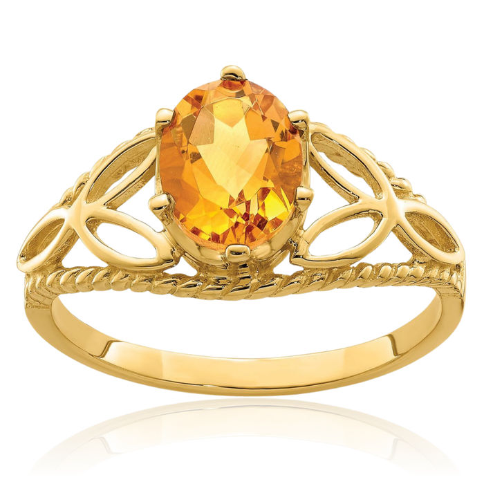 14K Solid Yellow Gold Oval Orange Citrine Ring Gemstone Band November Birthstone Jewelry