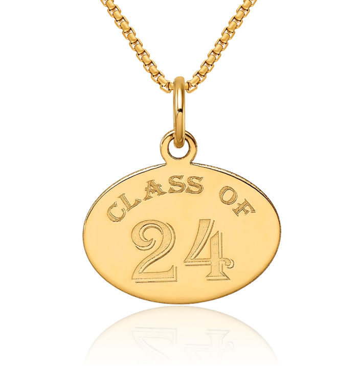 14K Solid Yellow Gold Oval Class of 2024 Necklace Chain Pendant Charm