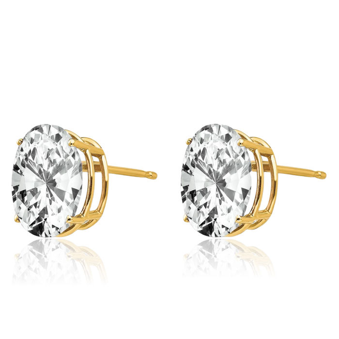 14K Solid Yellow Gold Oval Cubic Zirconia CZ Stud Solitaire Earrings April Birthstone Jewelry