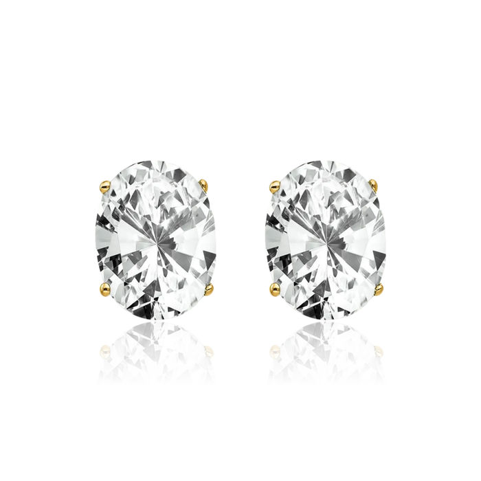 14K Solid Yellow Gold Oval Cubic Zirconia CZ Stud Solitaire Earrings April Birthstone Jewelry