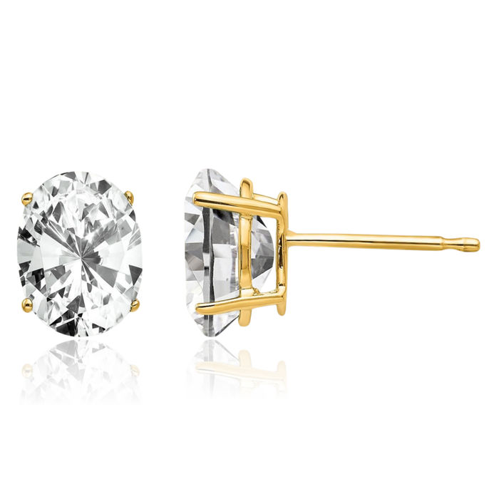 14K Solid Yellow Gold Oval Cubic Zirconia CZ Stud Solitaire Earrings April Birthstone Jewelry