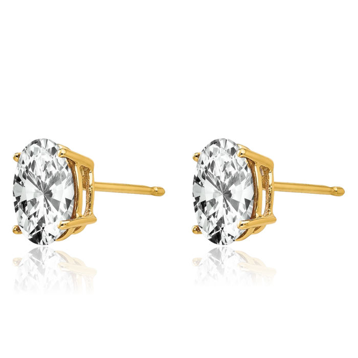 14K Solid Yellow Gold Oval Cubic Zirconia CZ Stud Solitaire Earrings April Birthstone Jewelry