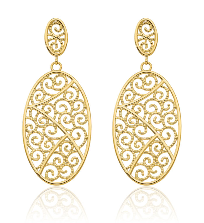 14K Solid Yellow Gold Oval Drop Dangle Earrings