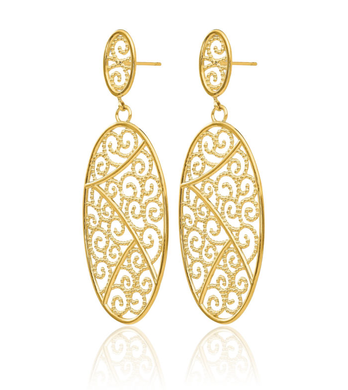 14K Solid Yellow Gold Oval Drop Dangle Earrings