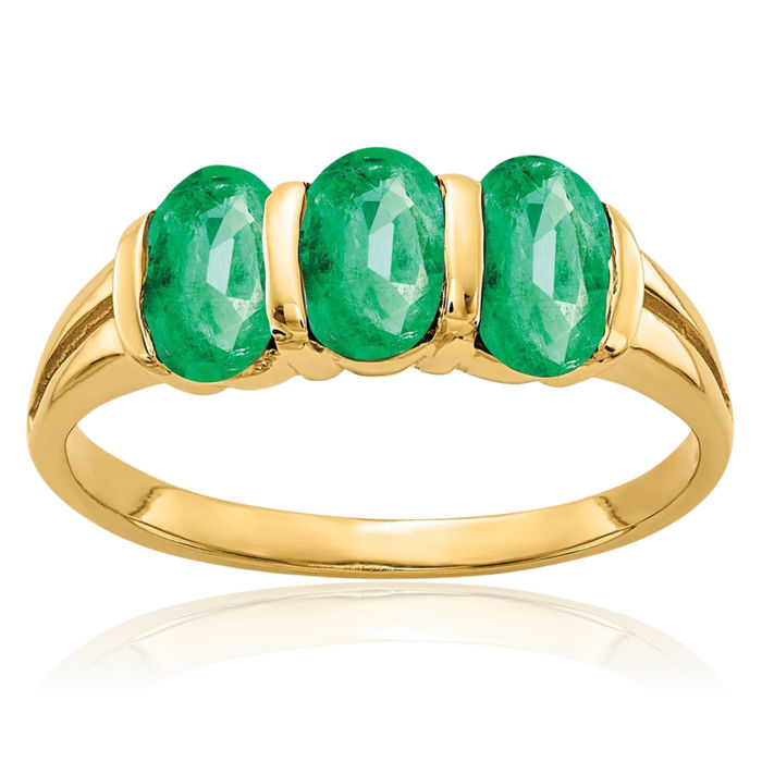 14K Solid Yellow Gold Oval Green Emerald 3-stone Ring Gemstone Band May Birthstone Jewelry