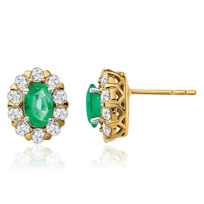 14K Solid Yellow Gold Oval Green Emerald Diamond Halo Stud Earrings May Birthstone Jewelry