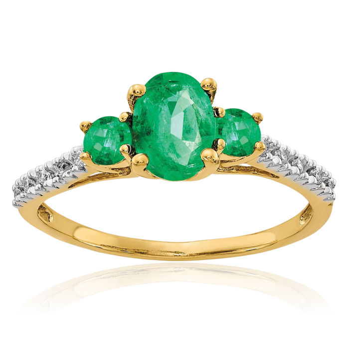 14K Solid Yellow Gold Oval Green Emerald Diamond Ring Gemstone Band May Birthstone Jewelry