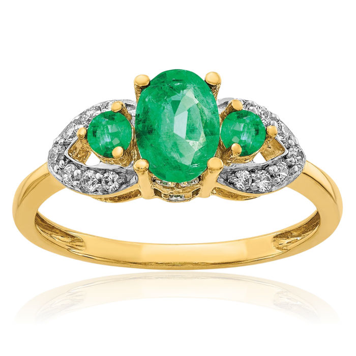 14K Solid Yellow Gold Oval Green Emerald Diamond Ring Gemstone Band May Birthstone Jewelry