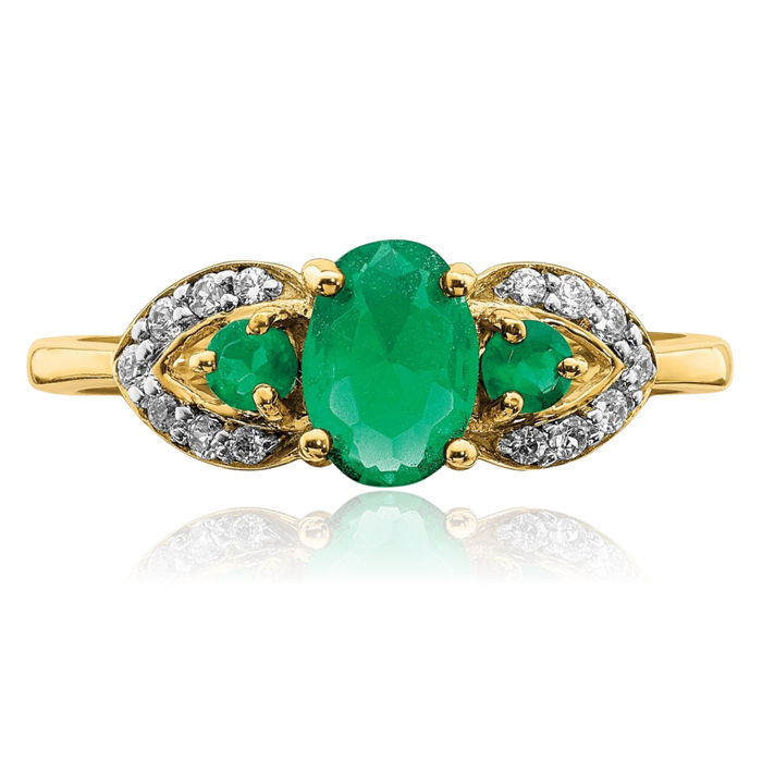 14K Solid Yellow Gold Oval Green Emerald Diamond Ring Gemstone Band May Birthstone Jewelry