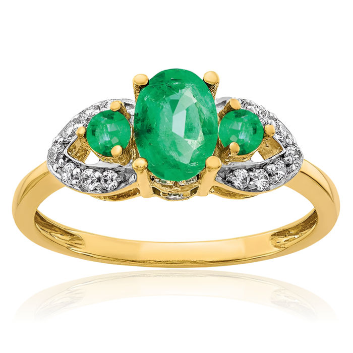 14K Solid Yellow Gold Oval Green Emerald Diamond Ring Gemstone Band May Birthstone Jewelry