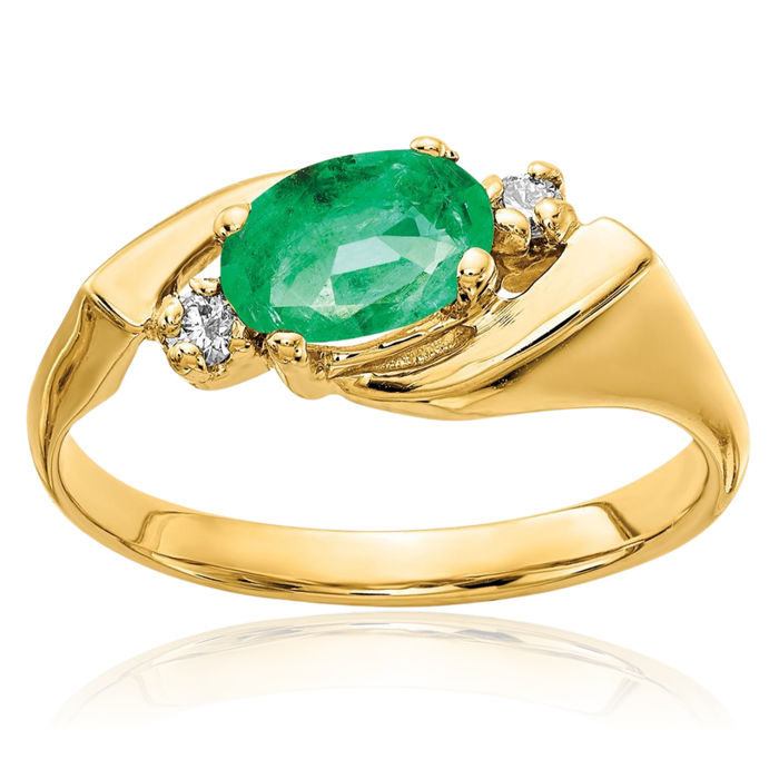 14K Solid Yellow Gold Oval Green Emerald Diamond Ring Gemstone Band May Birthstone Jewelry