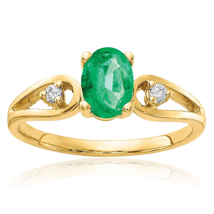 14K Solid Yellow Gold Oval Green Emerald Diamond Ring Gemstone Band May Birthstone Jewelry