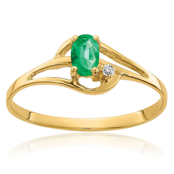 14K Solid Yellow Gold Oval Green Emerald Diamond Ring Gemstone Band May Birthstone Jewelry