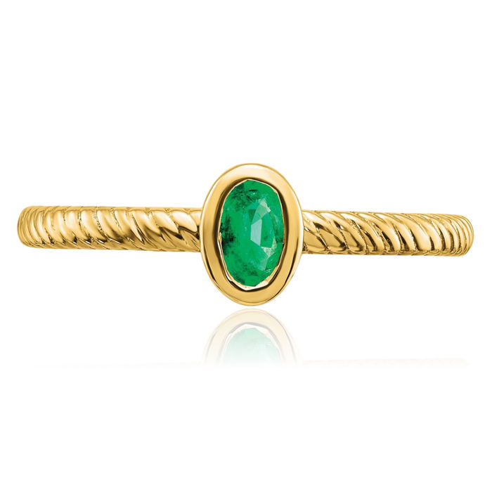 14K Solid Yellow Gold Oval Green Emerald Ring Gemstone Band