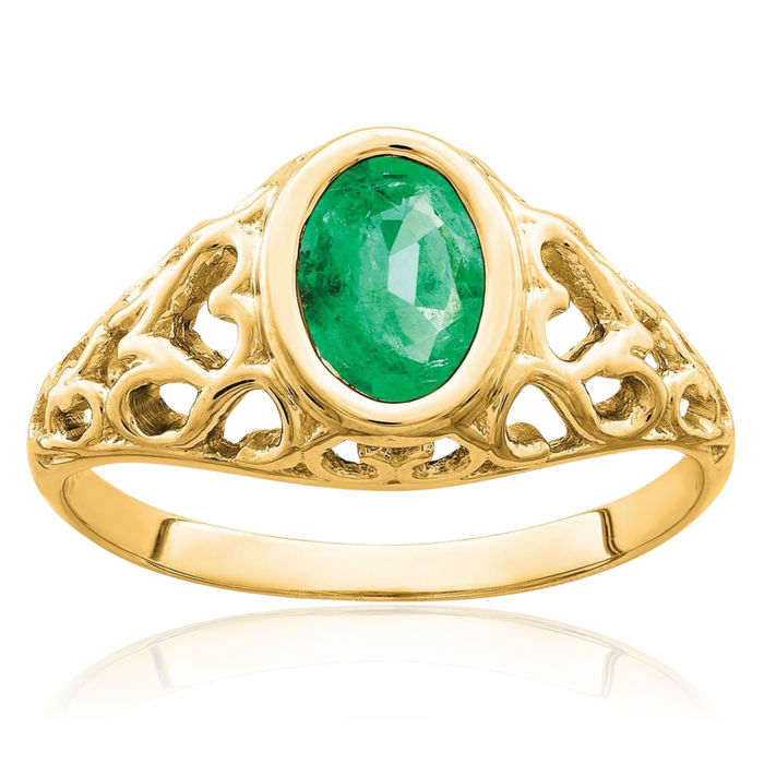 14K Solid Yellow Gold Oval Green Emerald Ring Gemstone Band May Birthstone Jewelry