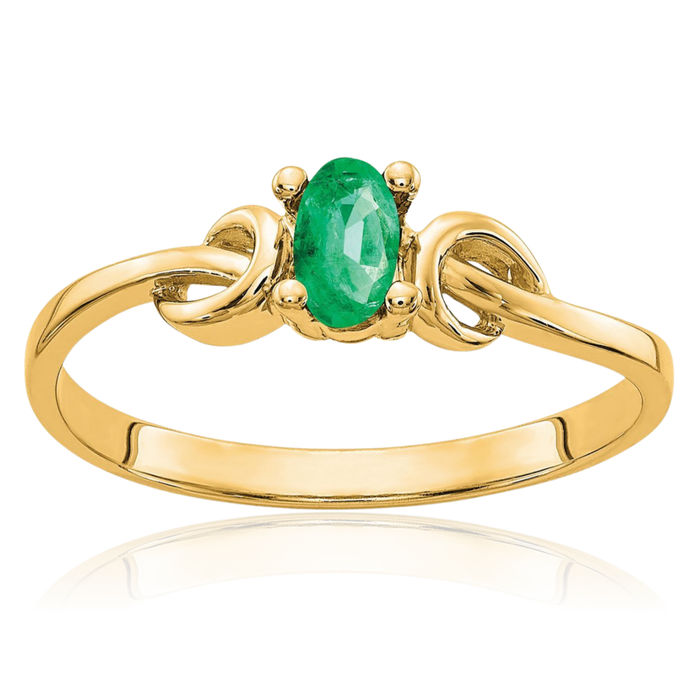 14K Solid Yellow Gold Oval Green Emerald Ring Gemstone Band May Birthstone Jewelry